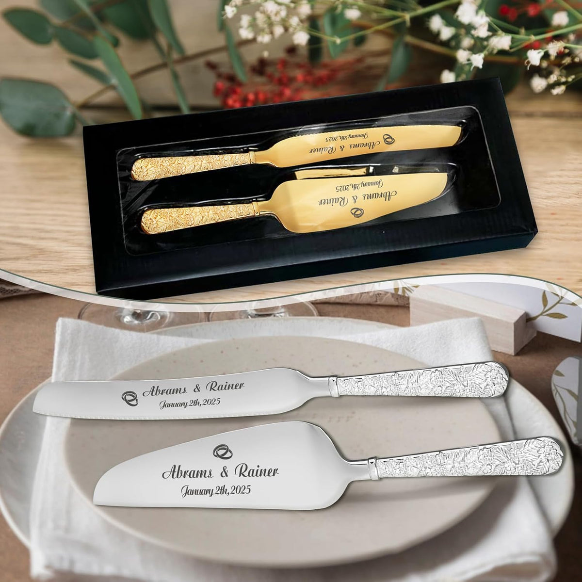 HJX Personalized Wedding Cake Knife and Server Set - Custom Name Engraved Cutting Set with Elegant