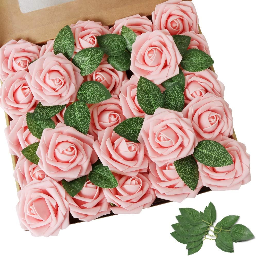 AmyHomie Artificial Flower 50pcs Real Looking Fake Roses w/Stem for DIY Wedding Bouquets