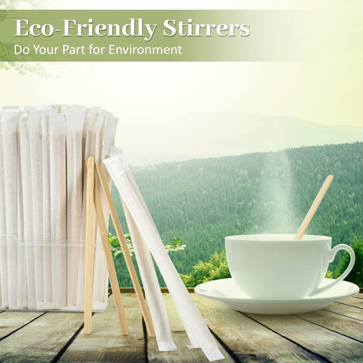 Bamboo Coffee Stirrers Individually Wrapped 100 Count – Coffee Stir Sticks 7 inch Coffee Bar