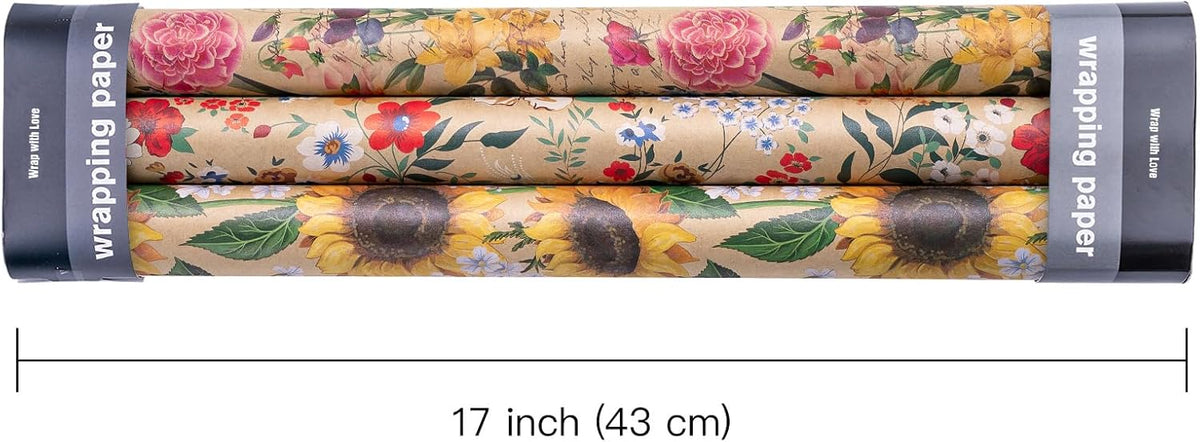 WRAPAHOLIC Kraft Floral Wrapping Paper - Mini Roll - 3 Rolls - 17 Inch x 120 Inch - All Occasion