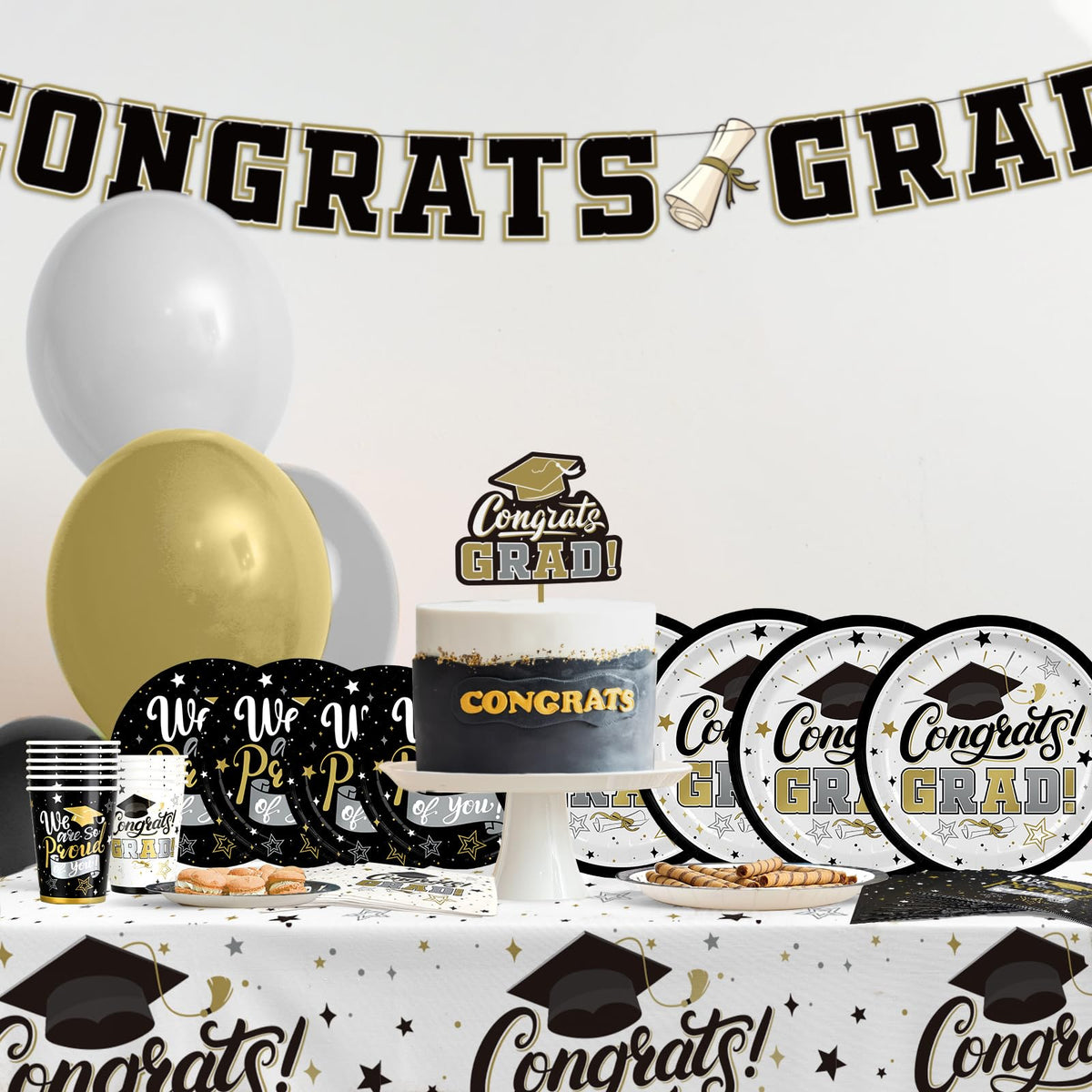 Graduation Decorations 2026 Black and Gold Grad Party Supplies with Disposable Plates, Napkins