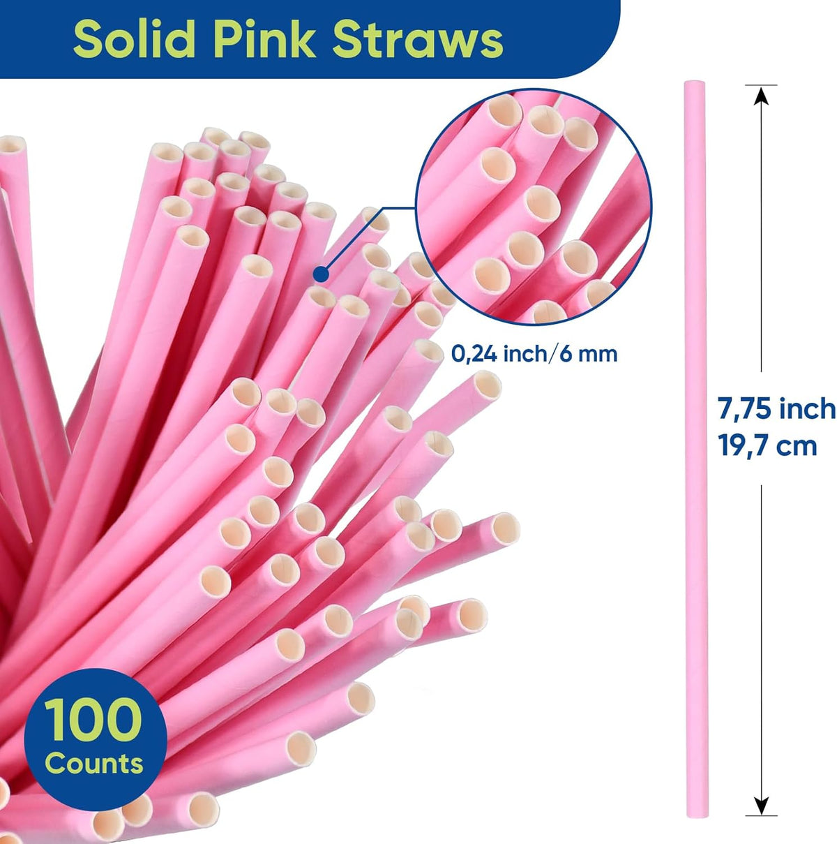 Solid Pink Disposable Paper Drinking Straws 7.75 inch 100 Counts - for Party, Cocktails, Cake Pops