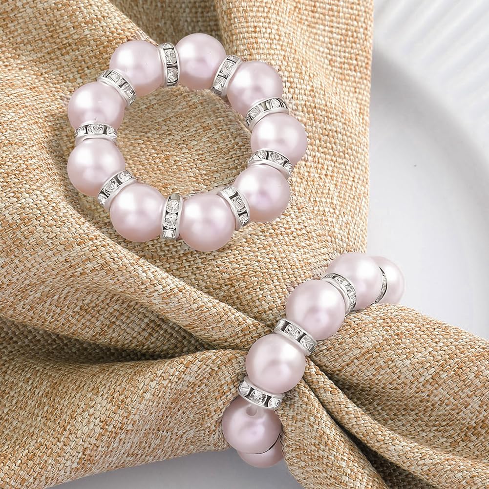 20Pcs Pearl Napkin Rings, Pink Beaded White Silver Round Buckles, Set of 6, Wedding and Formal
