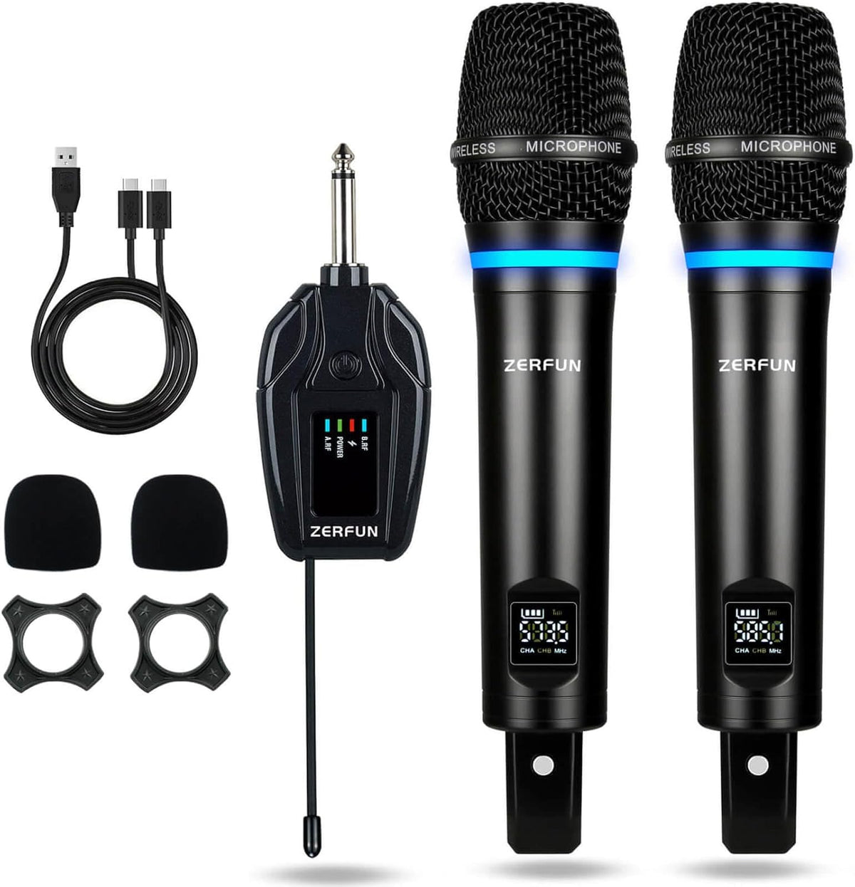 2 Channel Rechargeable Wireless Microphone System, Pro UHF Metal Handheld Wireless Microphones