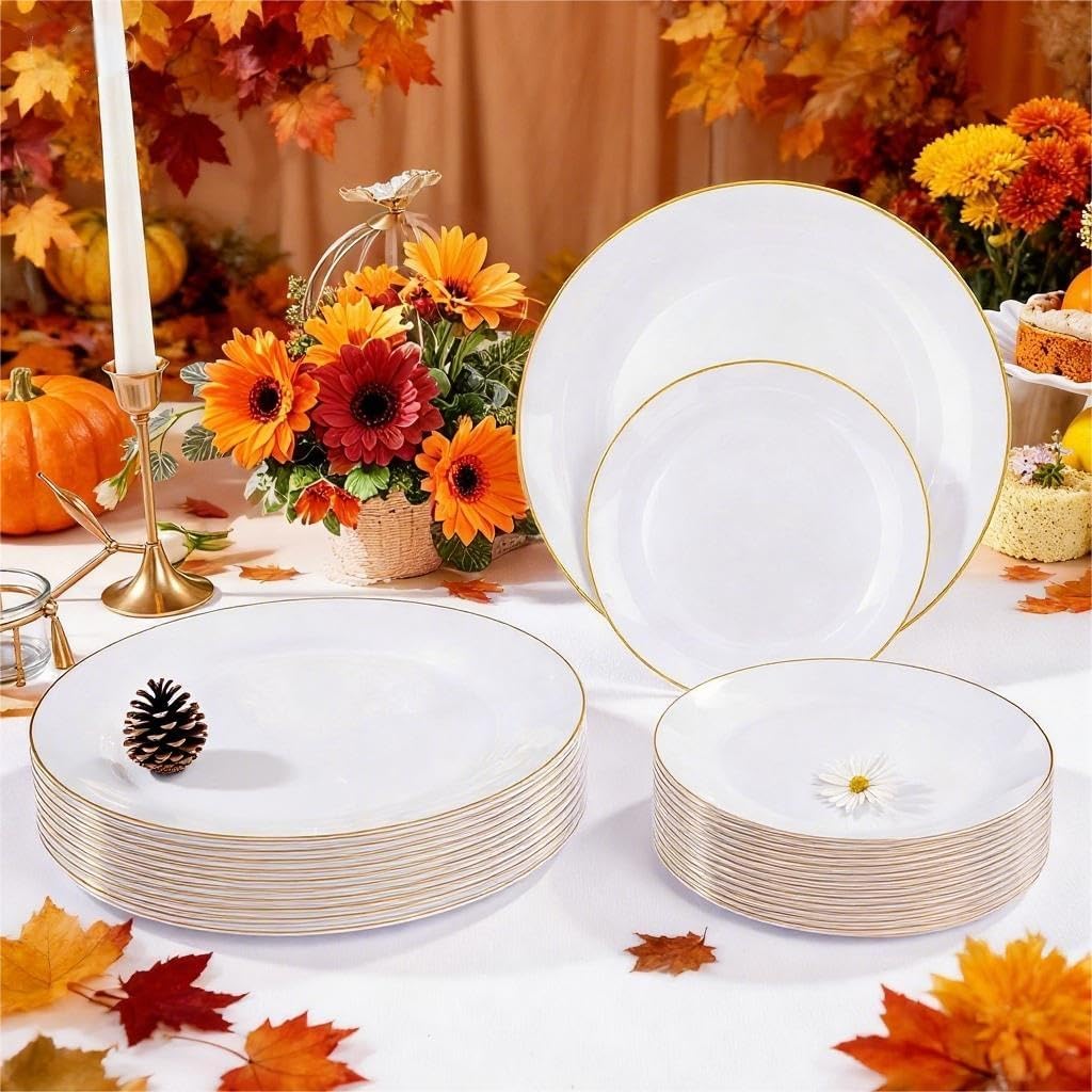 Festiva 350Pcs Gold Plastic Plates - White and Gold Dinnerware Set Disposable include 10" & 7"