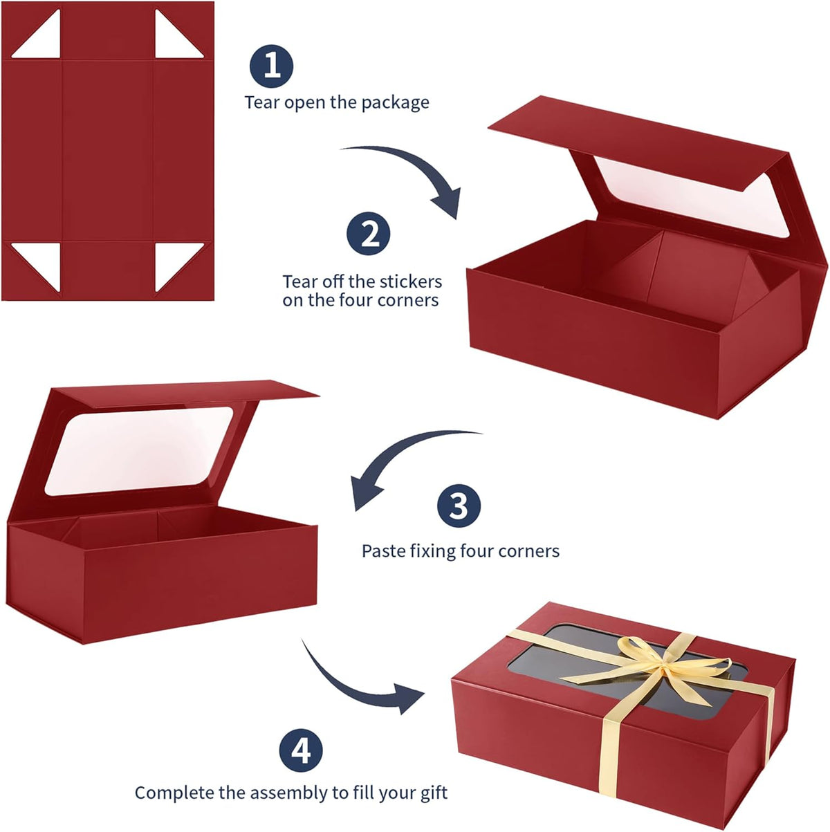 TIACABO Red Large Gift Box with Window, 13.5"x9"x4.3" Bridesmaid Boxe for Gifts Giving,Birthday