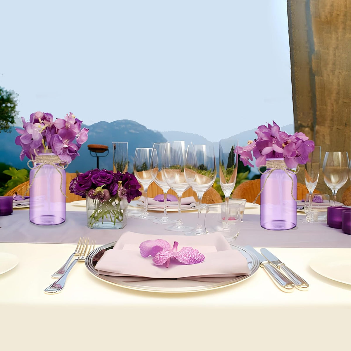 Vintage Glass Flower Vase，12 Pack Farmhouse Purple Glass Centerpiece Vases Mason Jars for Weddings