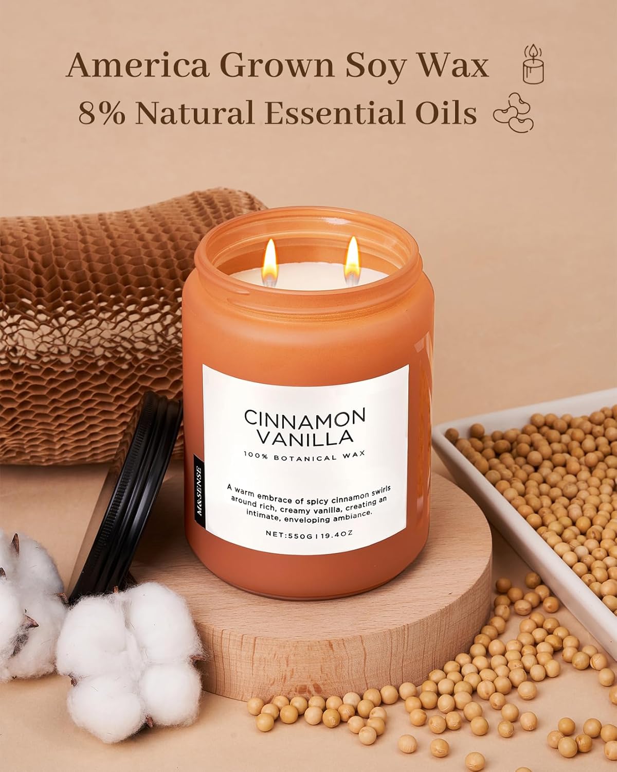 M&SENSE Cinnamon Vanilla Fall Scented Candles for Home, Natural Soy Wax 19.4oz 110 Hours Large Long