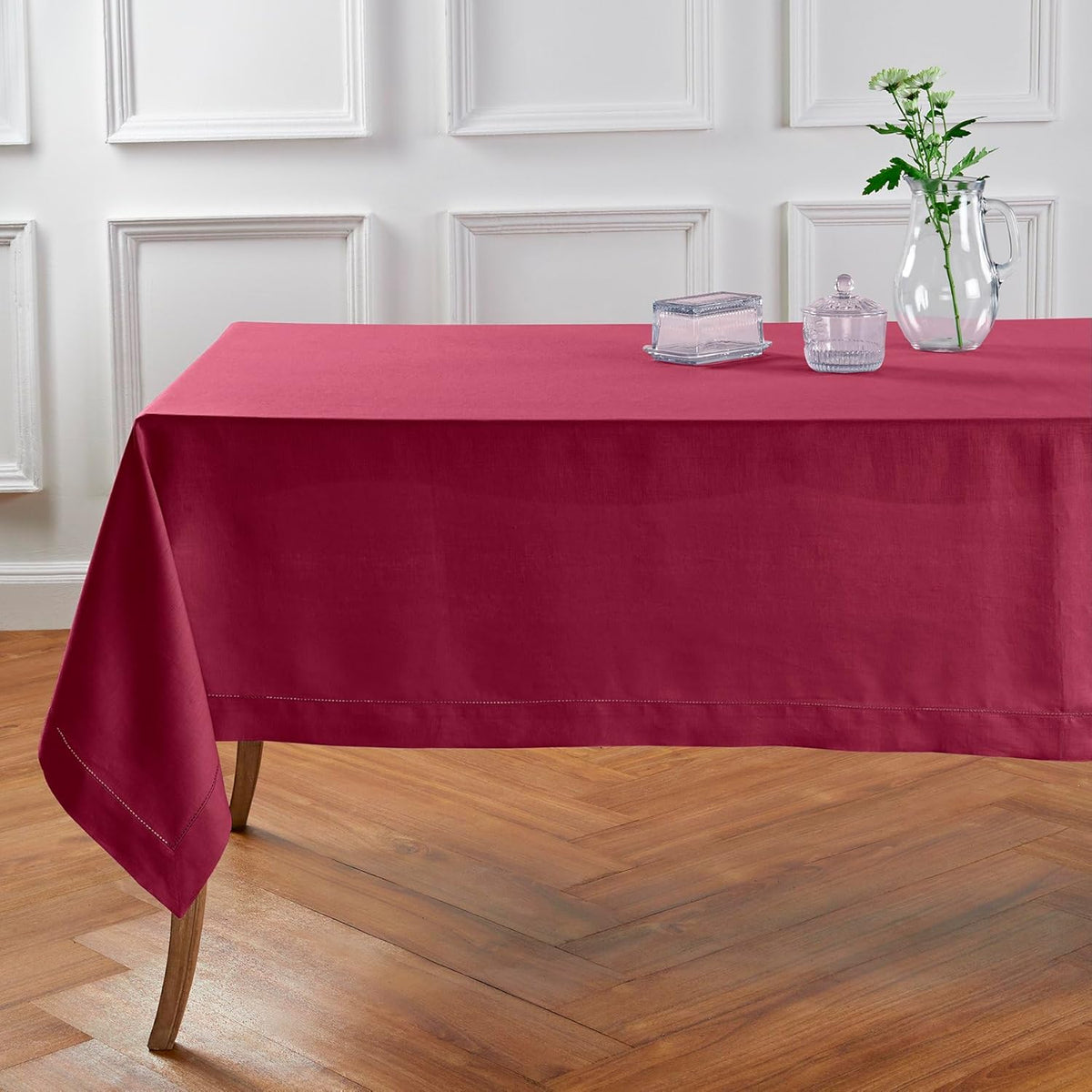 Solino Home Beet Linen Tablecloth 60 x 90 Inch - 100% Pure Linen Hemstitch Table Cloth for