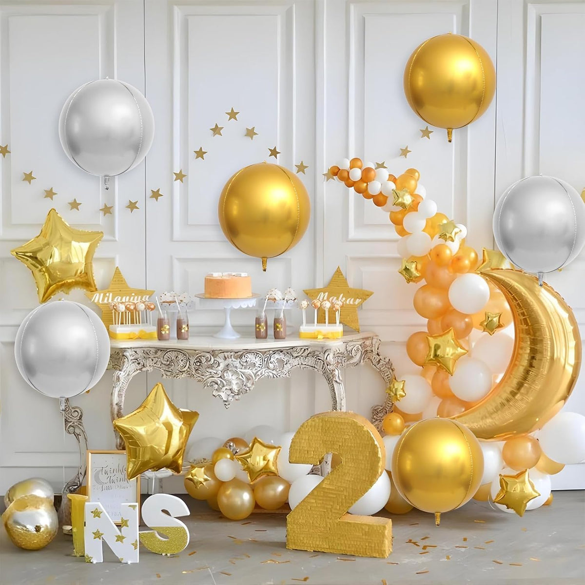6Pcs Gold Silver Round Foil Balloons,Giant 4D Round Ball Balloons,22 Inch Metallic Gold Silver