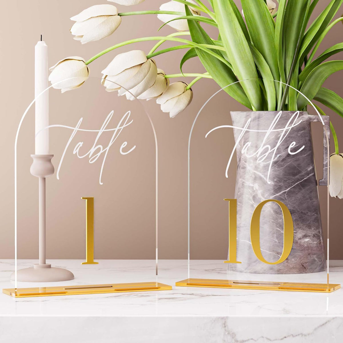 Arch Wedding Table Numbers 1-10 w/Stand, Gold 3D Table Numbers for Reception - 5.5" X 7" Elegant