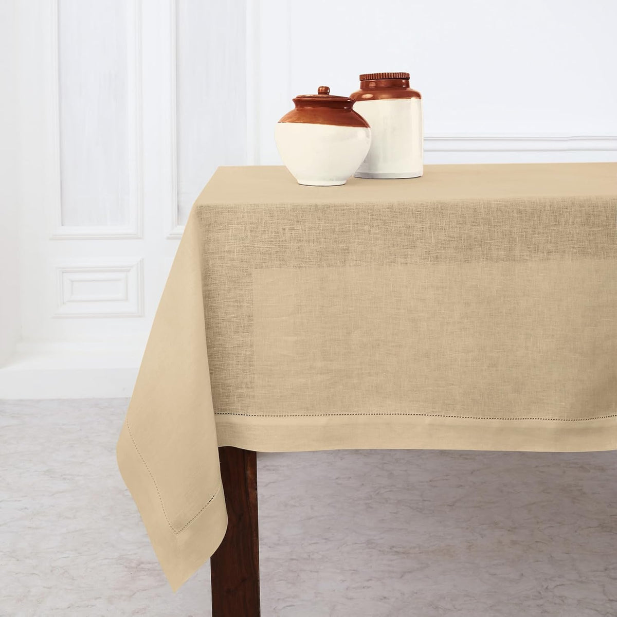 Solino Home Linen Square Tablecloth 52 x 52 Inch - 100% Pure Linen Beige Table Throw - Classic