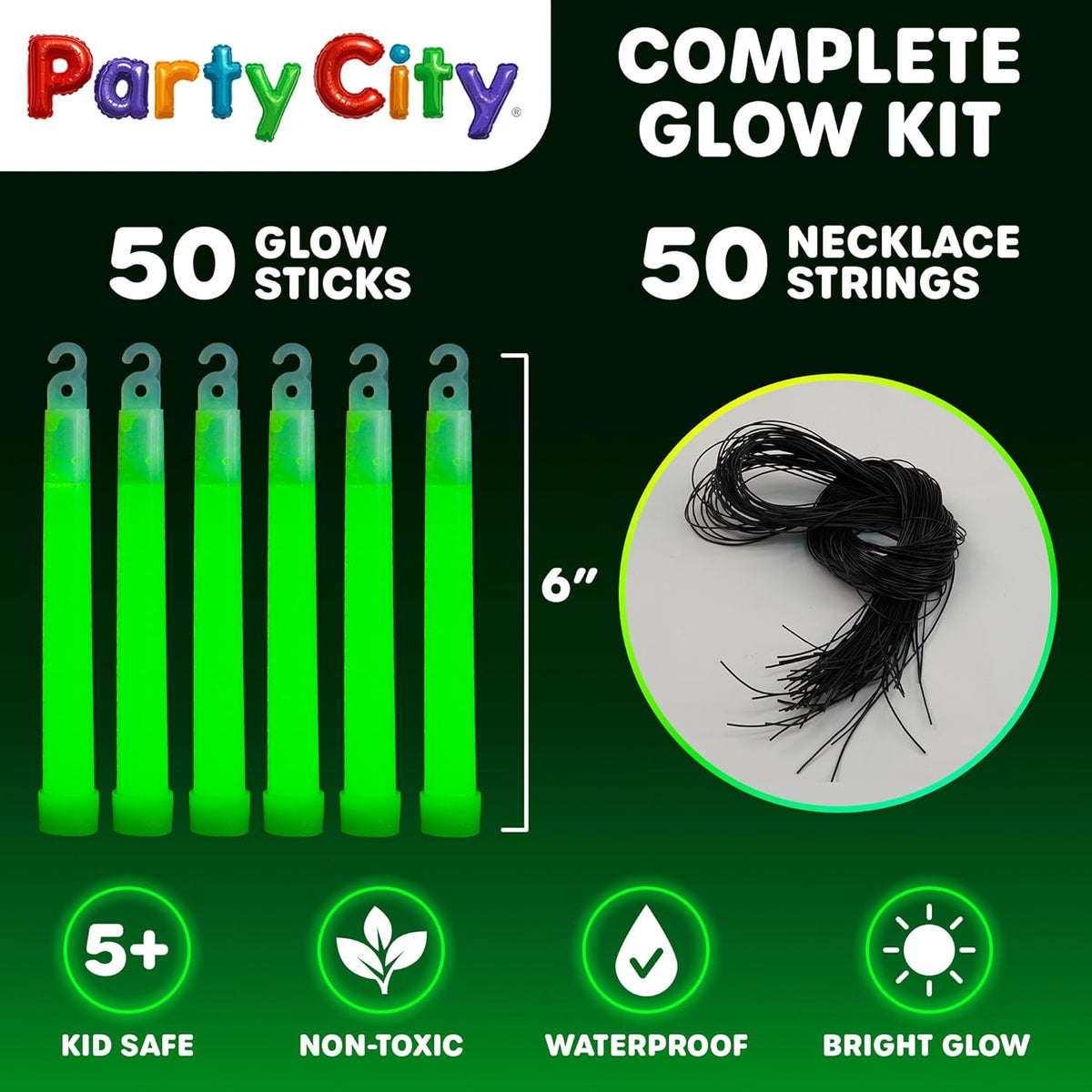 Party City Green Glow Sticks Bulk Pack 6”- 50pk Glow in the Dark Sticks for Kids, Waterproof