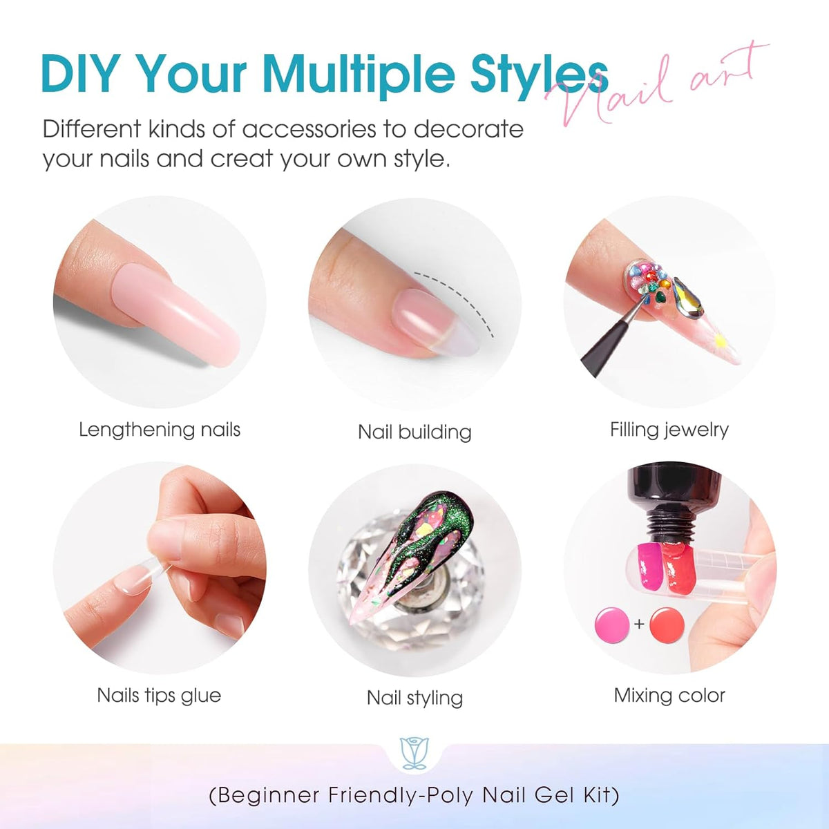 ROSALIND Poly Nail Gel Colors Kit -14 Colors +72 Nail Art Accessories kit Poly Nails Gel Kit