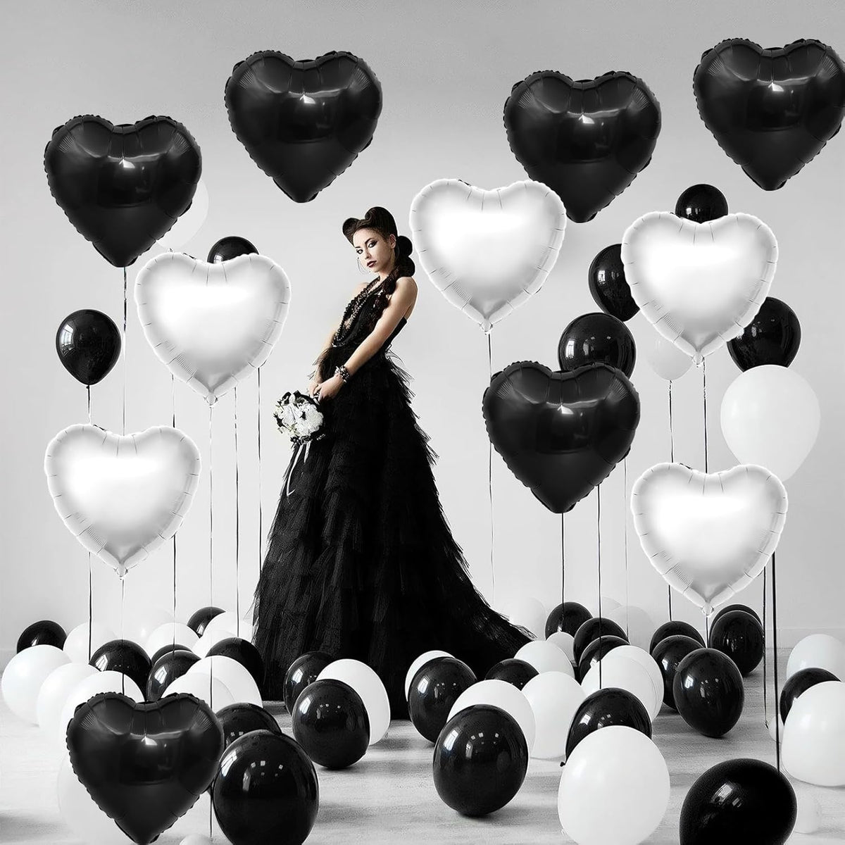 Black Silver Heart Balloons,12Pcs 18Inch Silver Black Heart Shaped Foil Helium Balloons for Baby