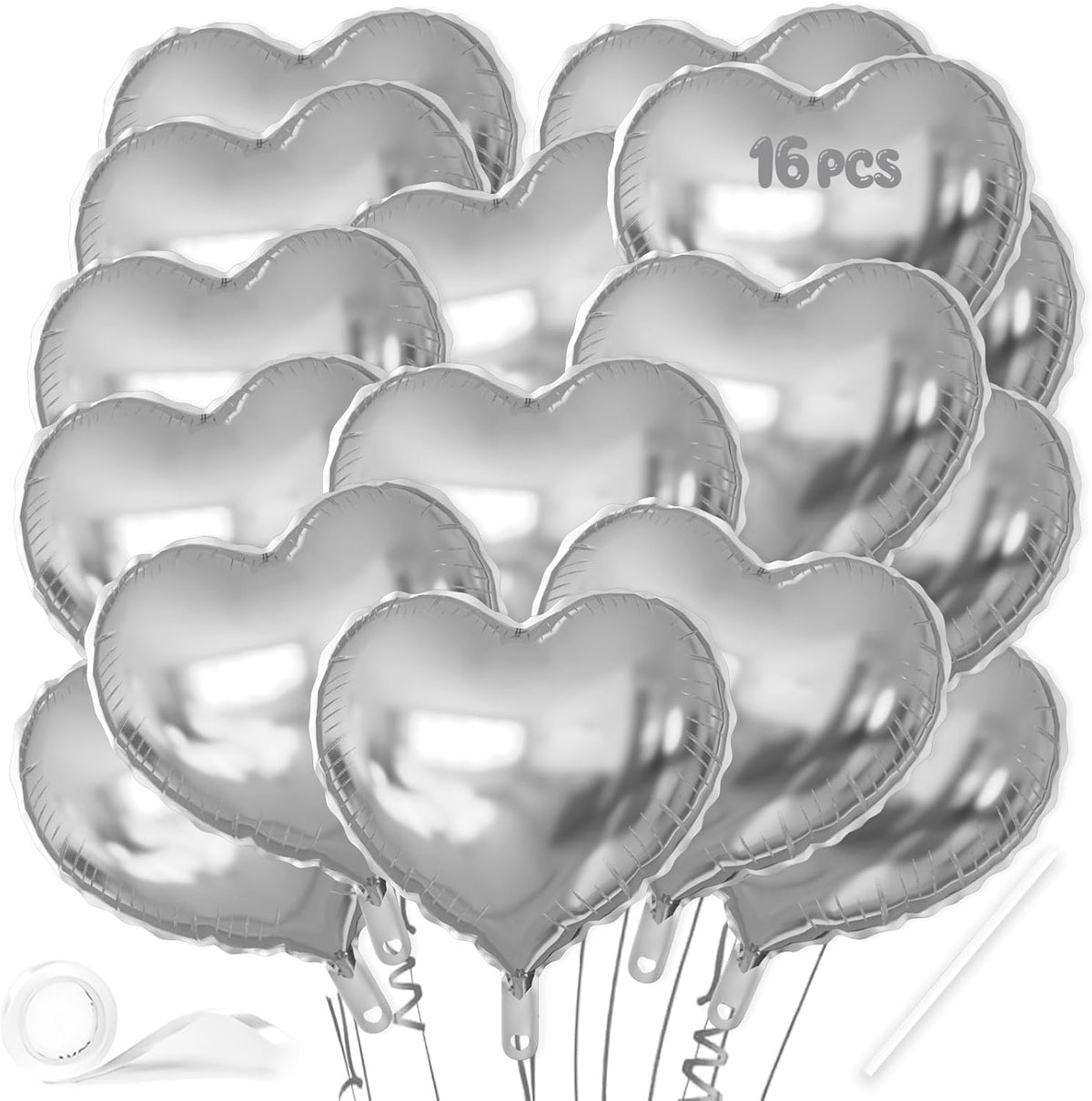 16 Pcs Heart Balloons, 18 Inch Silver Love Heart Shaped Foil Balloons for Wedding Anniversary