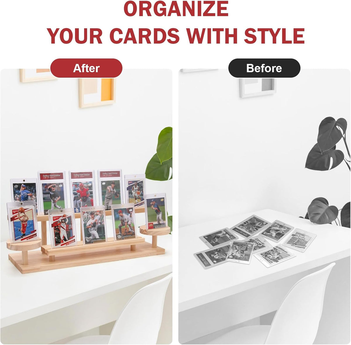 Wooden Trading Card Display Stand, 3-Tier Card Holder for Graded, Sports and TCG Cards, Tabletop