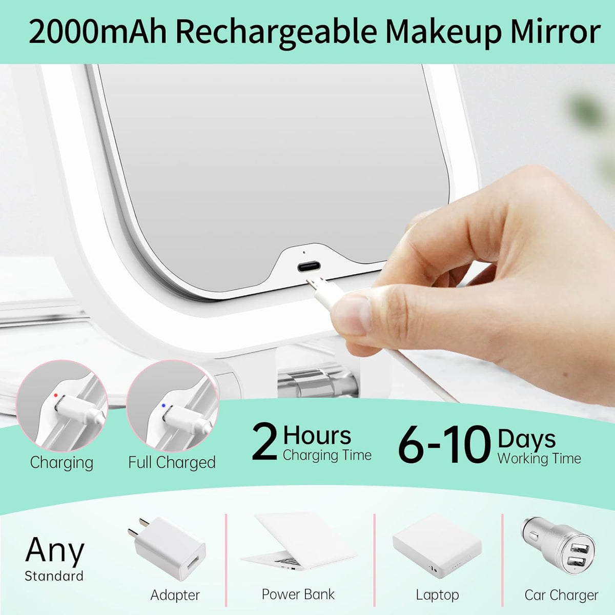 FASCINATE 10X Magnification Rechargeable Travel Makeup Mirror, Lighted Portable Vanity Mirror with