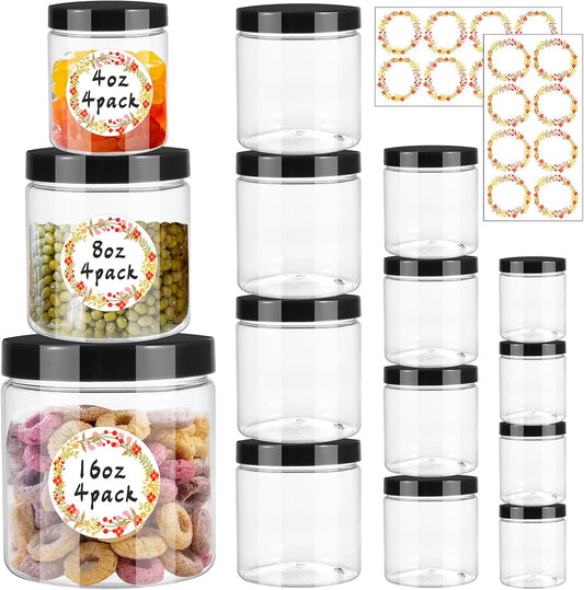 12pcs Plastic Jars with Lids 16 oz & 8 oz & 4 oz, Leakproof Storage Containers Clear Plastic Mason