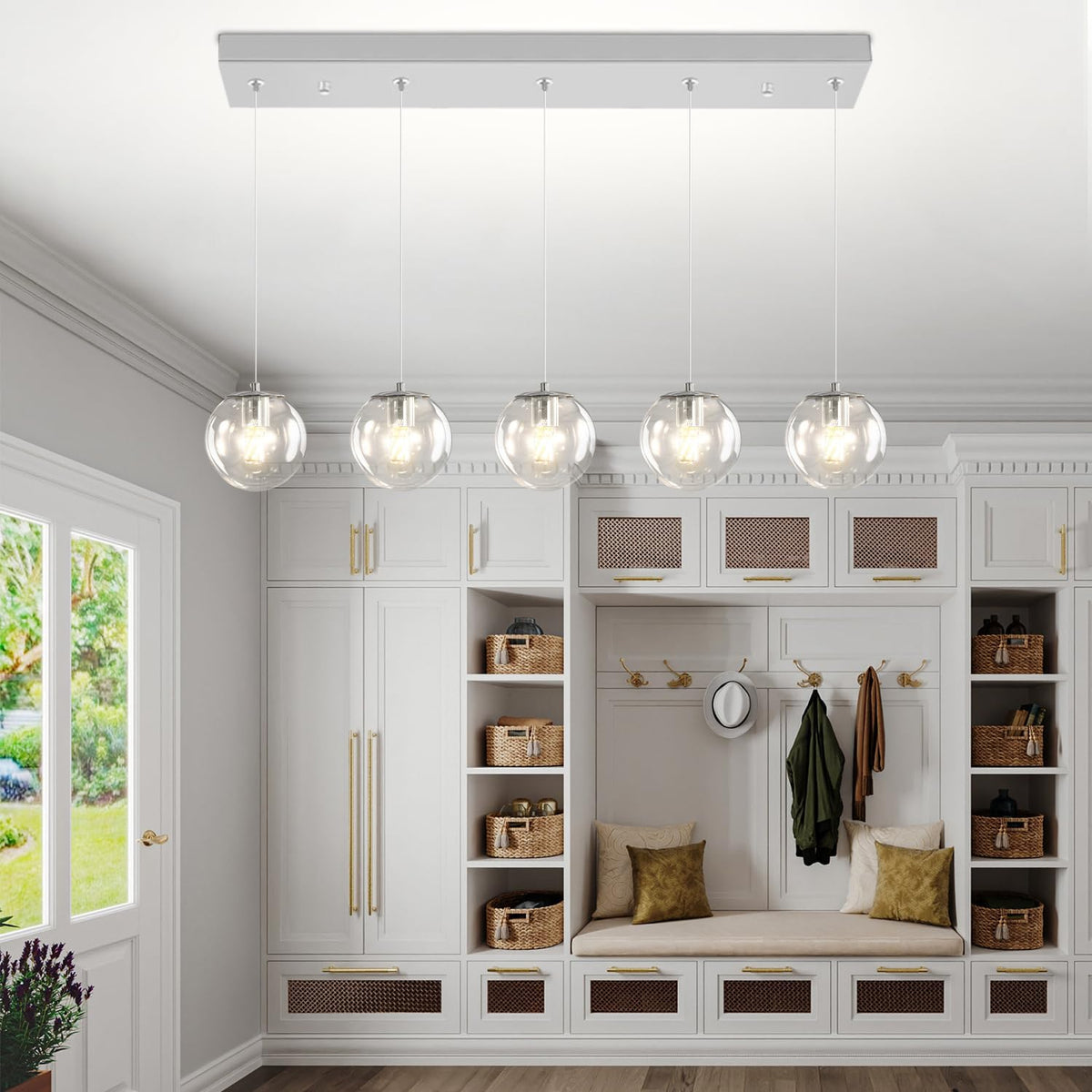 5-Lights Modern Rectangle Chandelier Globe Pendant Light,Chrome Linear Globe Chandeliers for Dining