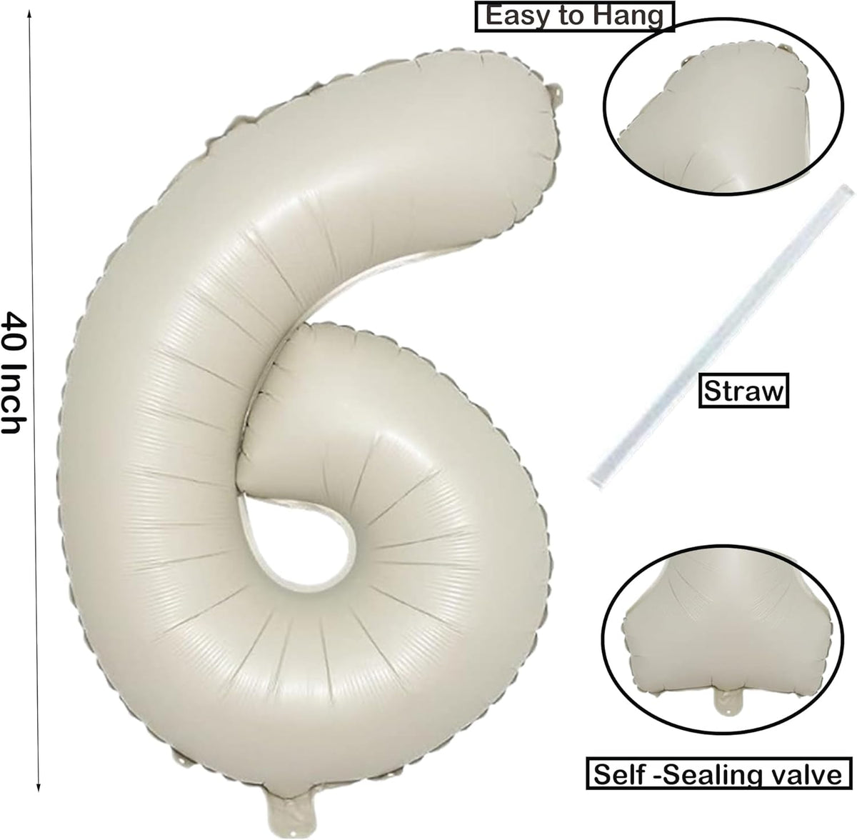 40 Inch Cream White Number 6 Balloon - Mylar Big Foil Helium Number 16 26 36 46 56 66 - Party