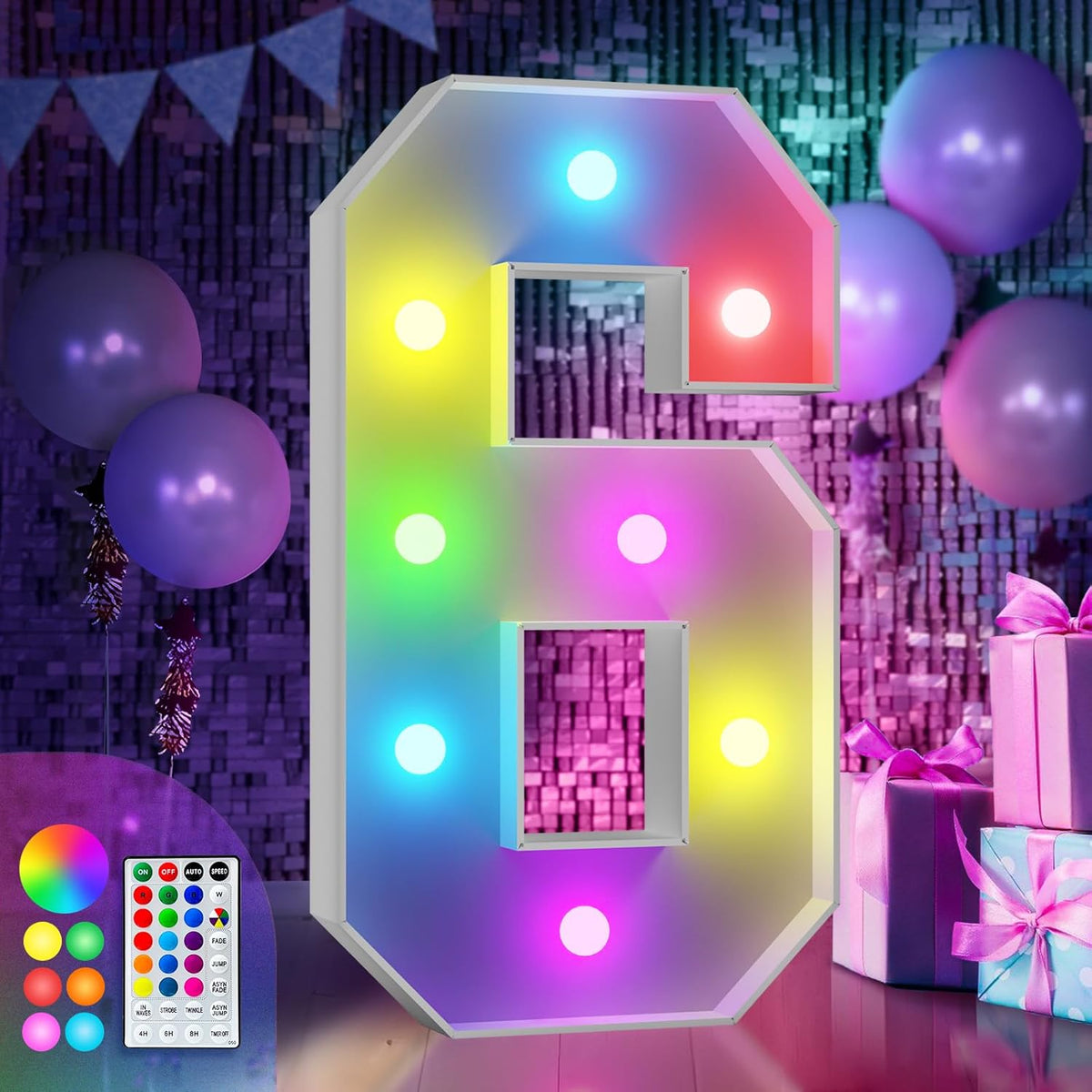 imprsv 3FT Colorful Marquee Numbers,18 Colors Number 6 with Remote, Light Up Numbers Sign for 3rd