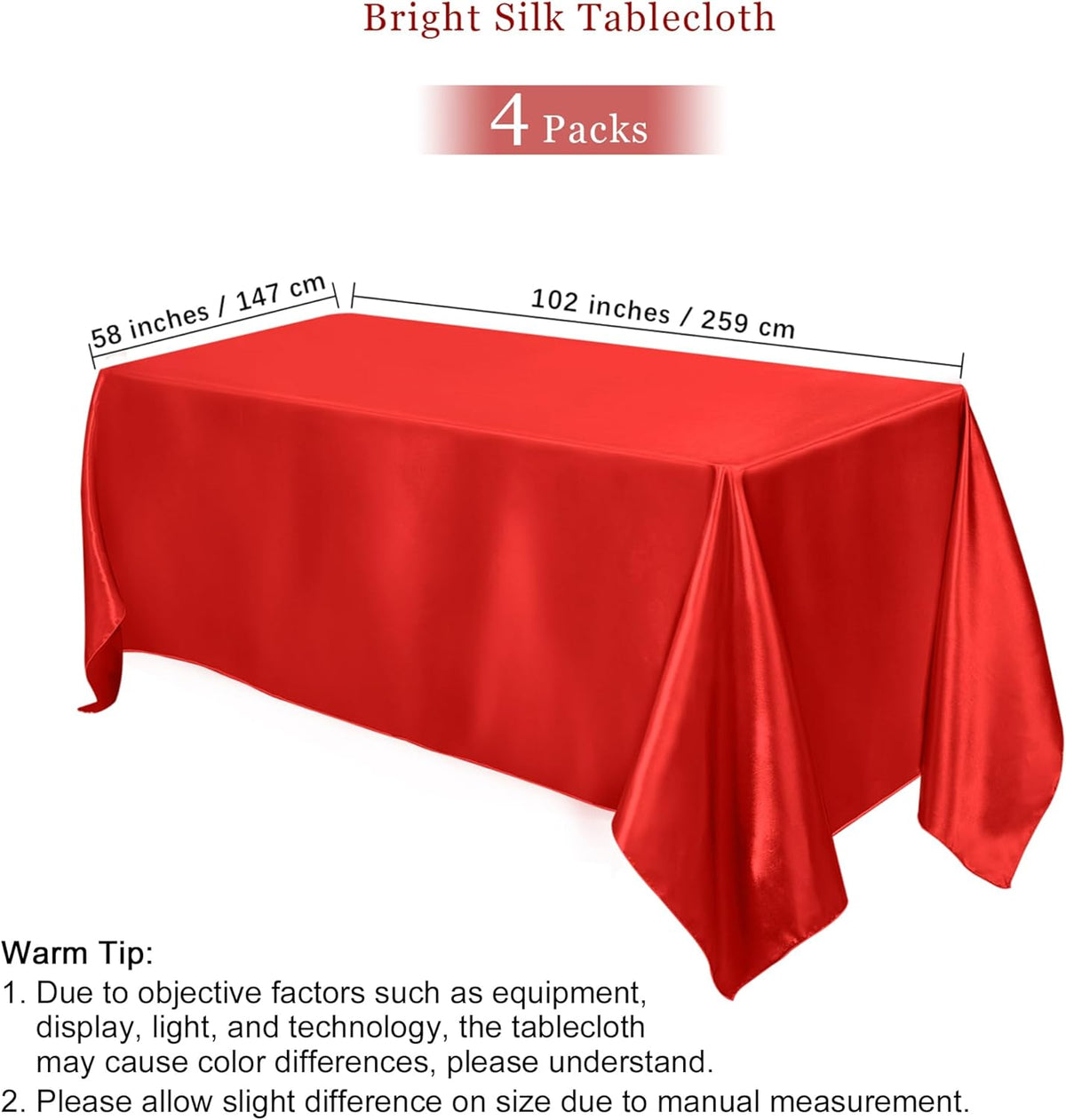 TURSTIN 4 Packs Satin Tablecloth 102 x 58 Inch Overlay Satin Table Cover Rectangle Bright Silk
