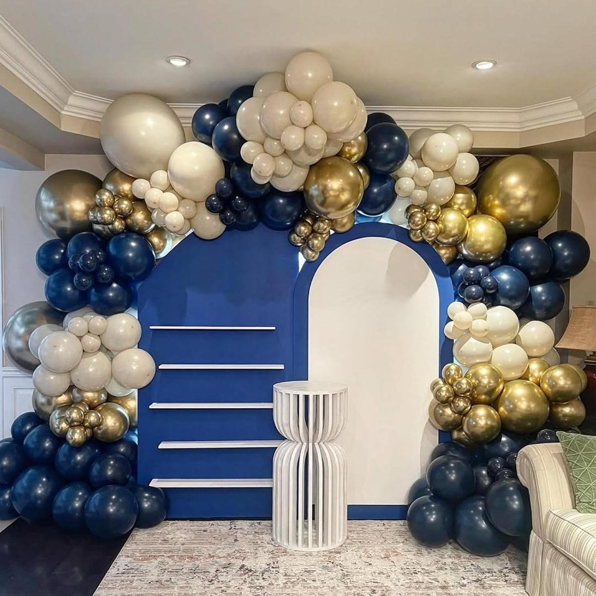 Navy Blue and Gold Balloons, 50pcs Pearl Navy Blue Double Stuffed Pearl White Sand Metallic Chrome