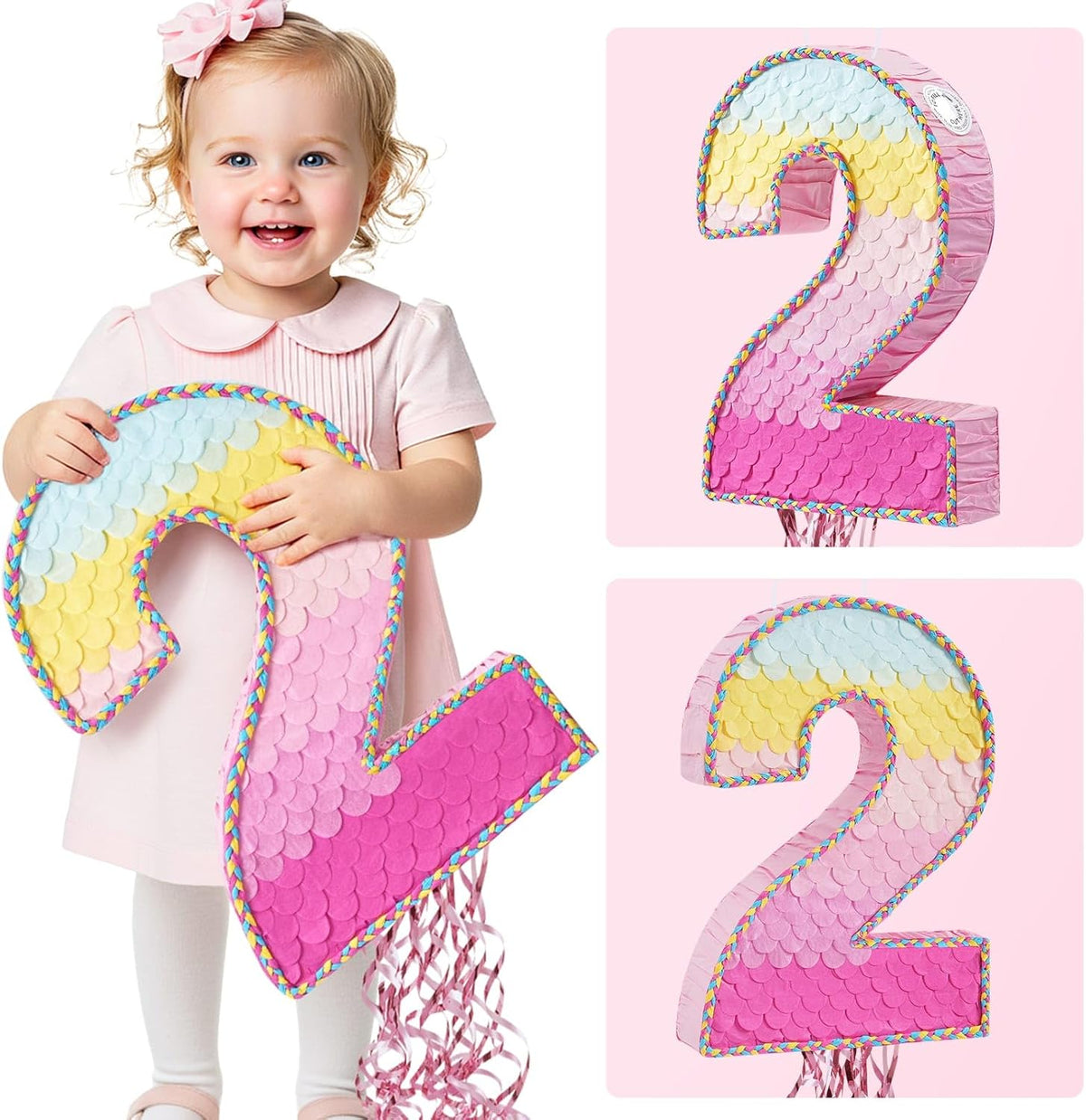 WERNNSAI Pink Sweet Two Pinata - Number 2 Pinata Happy Birthday Decoration Pink Rainbow Design