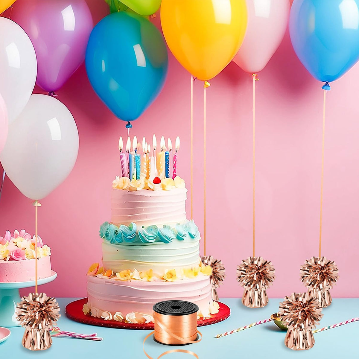 24 PCS Balloon Weights Metallic Anchor, Balloon Holder Heavy Weights with 1 Roll Rose Gold Crimped
