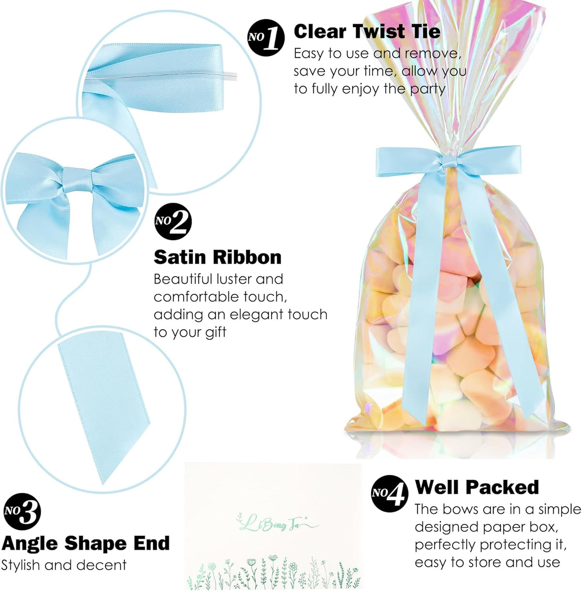 50 PCs Blue Bow Decor 5.5'' Satin Bows with Long Tail, Twist Tie Bows for Craft, Packaging Ribbon