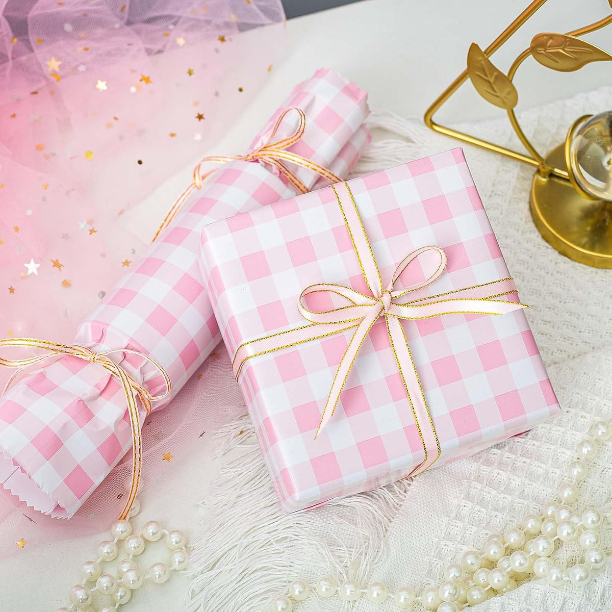 Burymento Pink Checkerboard Wrapping Paper, Gift Wrap for Birthday, Valentines, Mothers day