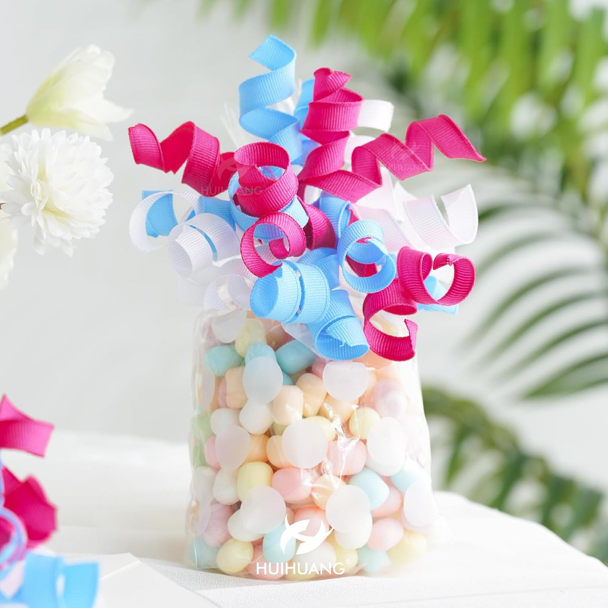 HUIHUANG Baby Shower Bows for Gift Wrapping, Blue/Pink/White Curly Ribbon Bows Self Adhesive Burst