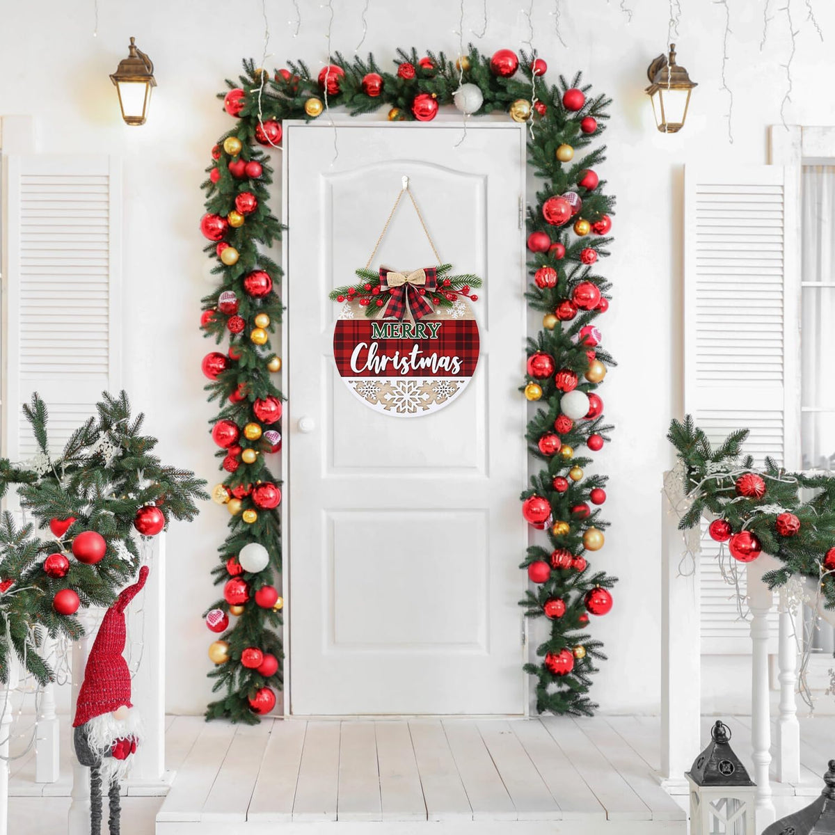 CHDITB 3D Merry Christmas Front Door Sign Wreath(11.4”), Red Black Bufflao Plaid Christmas