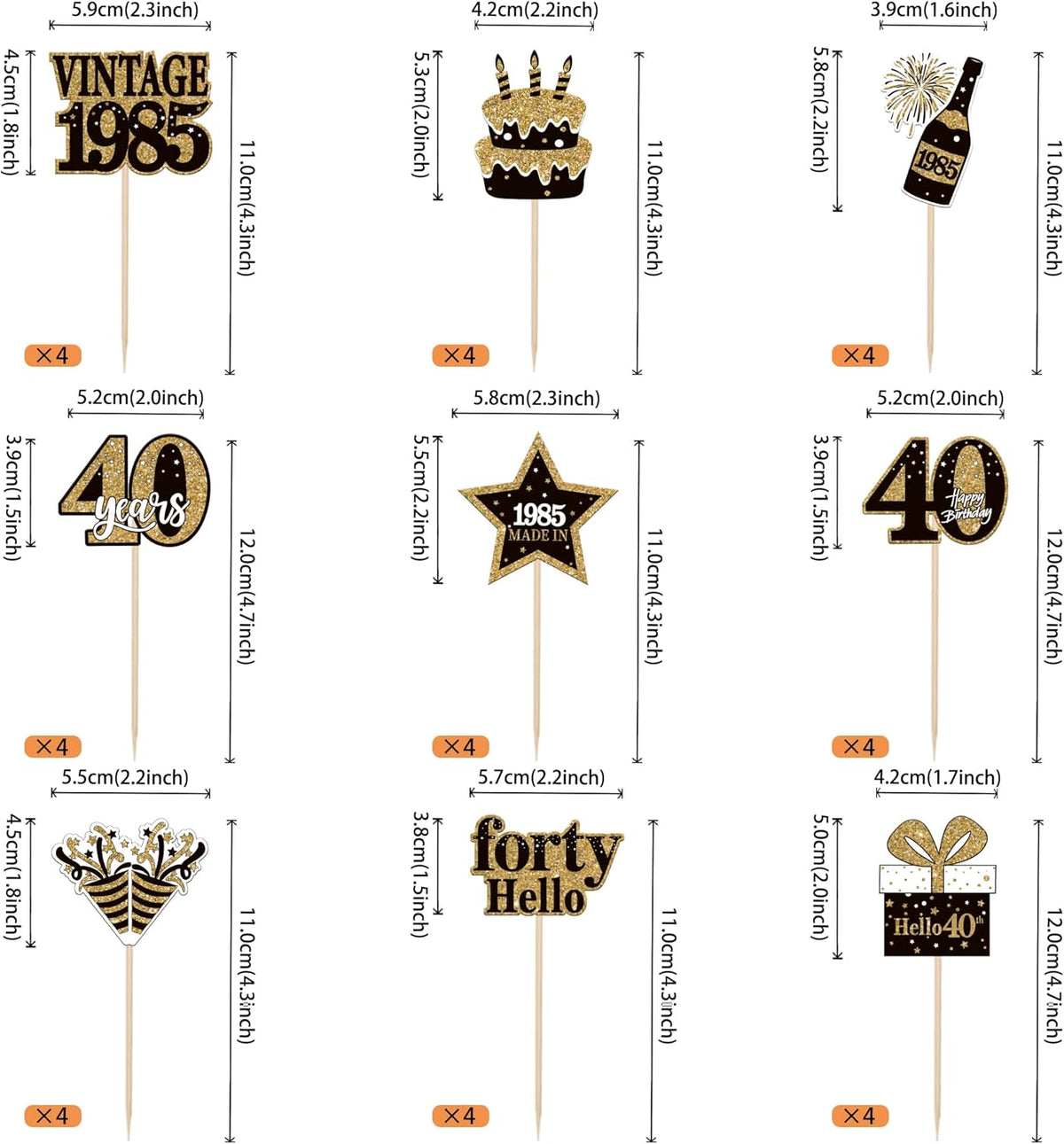 36PCS Happy 40th Birthday Cupcake Toppers Double Sided Black Gold Forty Hello 40 Vintage 1985