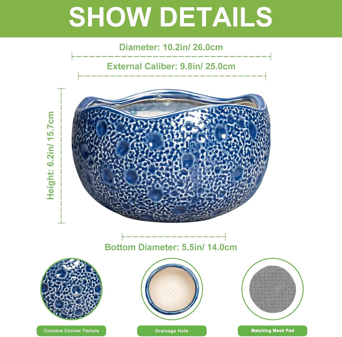 10 Inch Plant Pot - Ceramic Pots for Plants Indoor Outdoor, Round Bonsai Pots with Drainage Hole