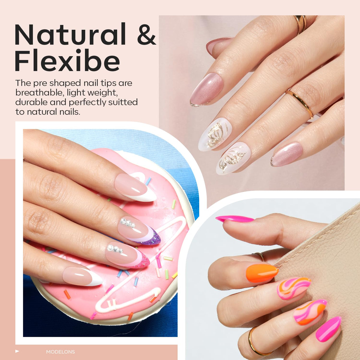 modelones Short Almond Gel Nail Tips Kit, 9-in-One Nail Glue with Portable U V Lamp 216Pcs 12Sizes