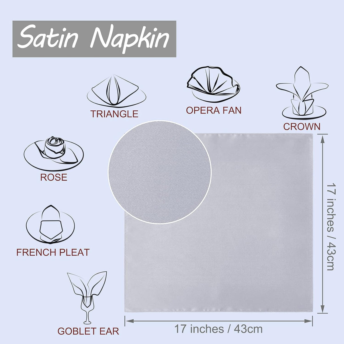 Horbaunal 30 Pack Silver Satin Napkins 17 x 17 Inch, Square Soft Table Dinner Napkins, Silky Cloth