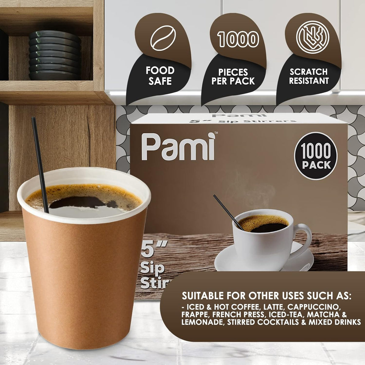 PAMI 1000 Red Stir Straws 5in Disposable Plastic Coffee Stirrers Swizzle Sticks for Cocktails, Hot