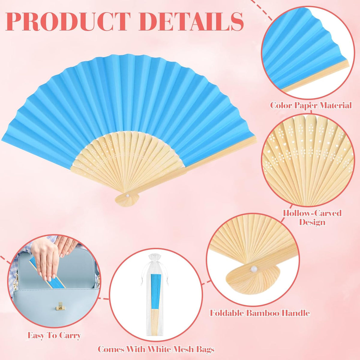 12 Pieces Blue Hand Held Bamboo Folding Fans Paper Fans Handheld for Women Foldable Girls Wedding