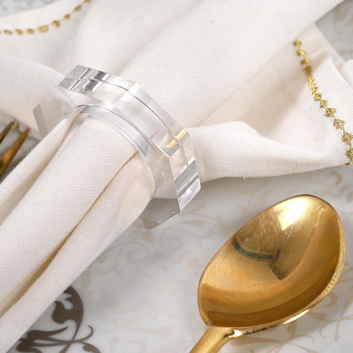 Acrylic Napkin Rings Set of 12 - Octagon Transparent Design for Christmas, Thanksgiving, Holiday