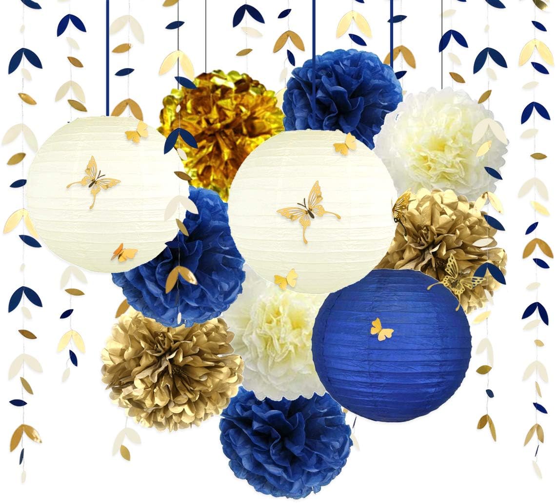 Navy Blue and Gold Party Decoration Kit Lanterns Flowers Pom Pom with Champagne Gold 3D Butterfly