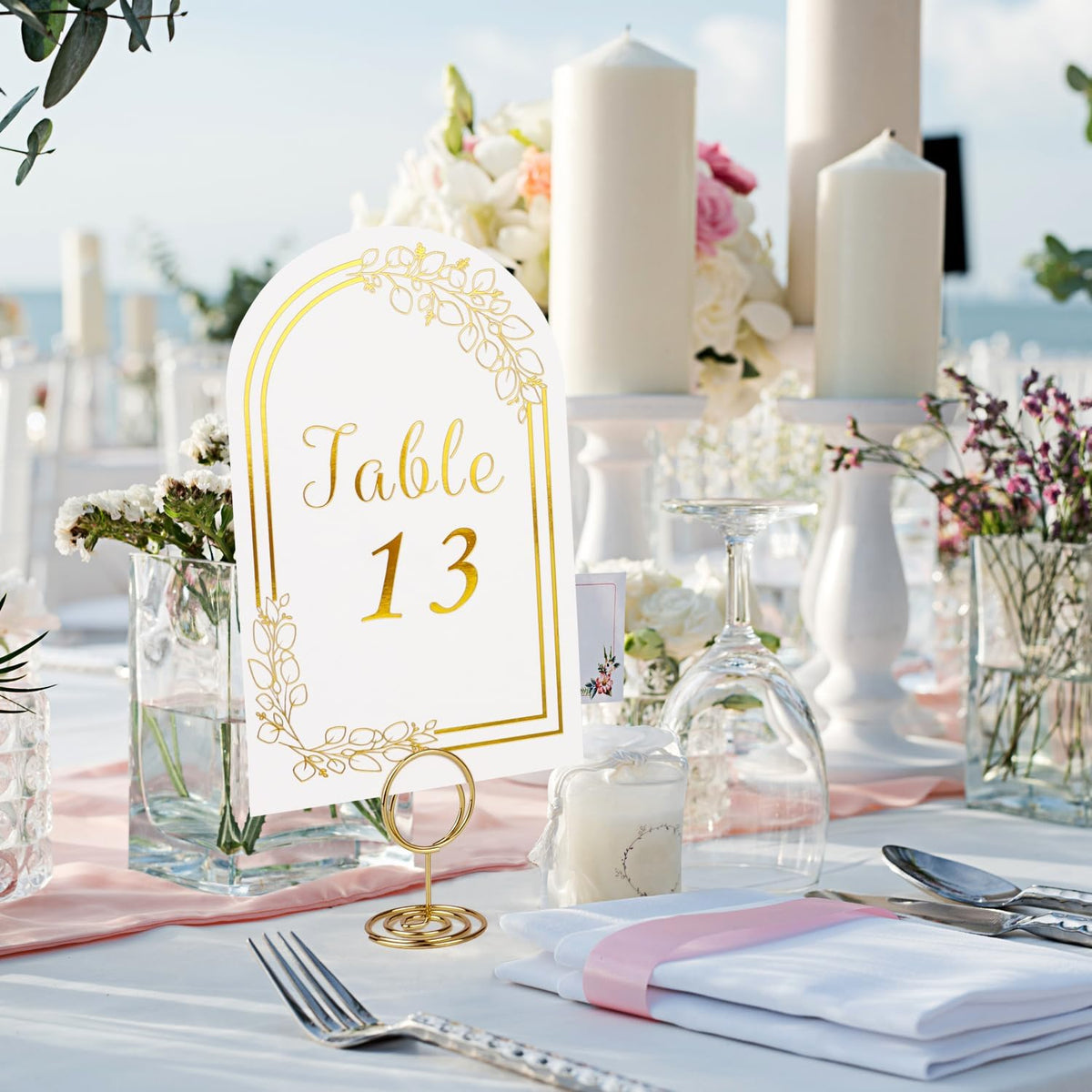 Wedding Table Numbers 1-40, 40 White Gold Cards with 40 Gold TableNumber Holders for Wedding