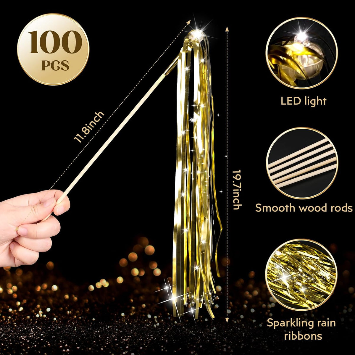 100 pcs Wedding Wands Light up with LED Tinsel Wedding Streamers for Wedding Send off and Greeting