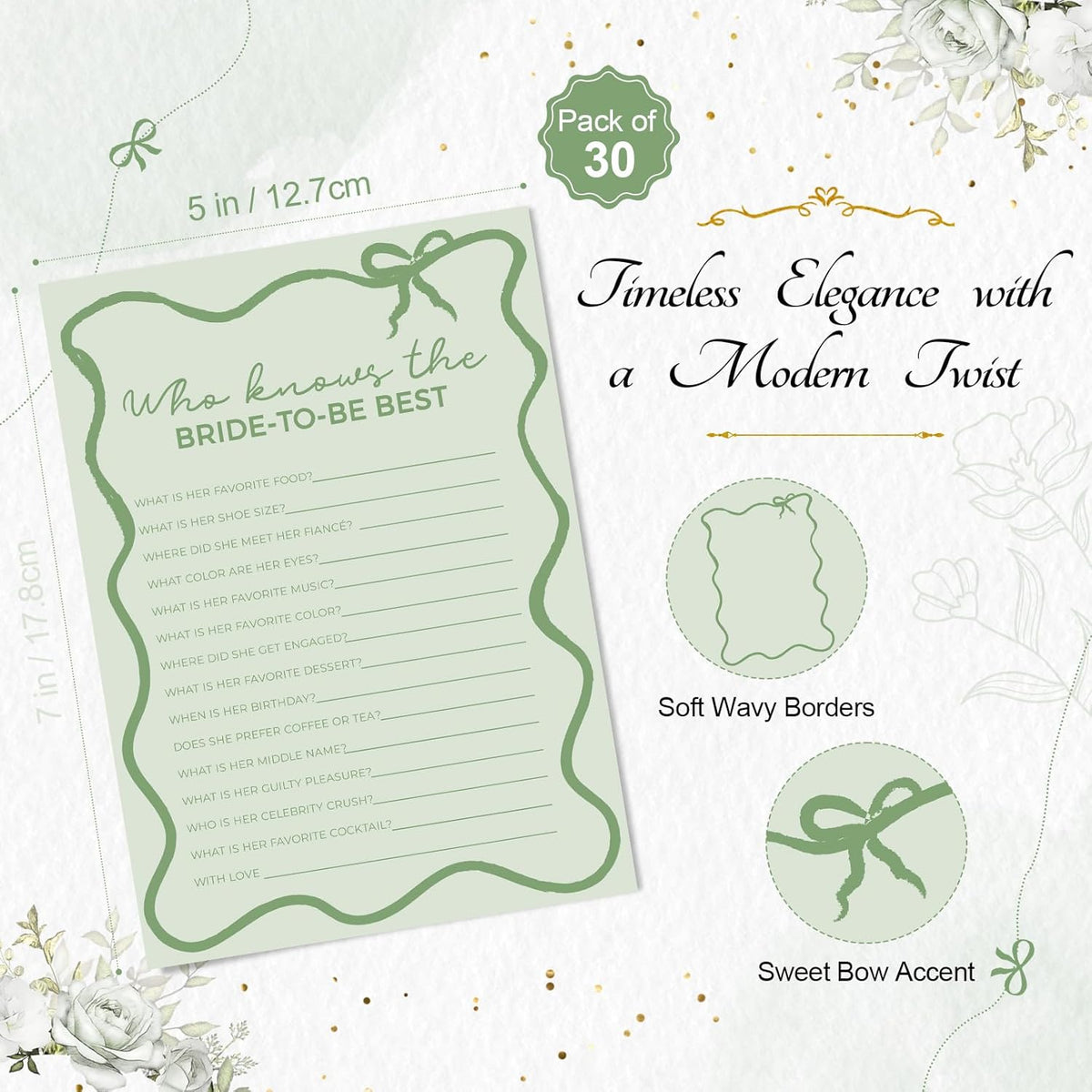 DEEKA 30 PCS Bridal Shower Games Card for 30 Guests Sage Green Wavy Border Ribbon Bow Funny Wedding