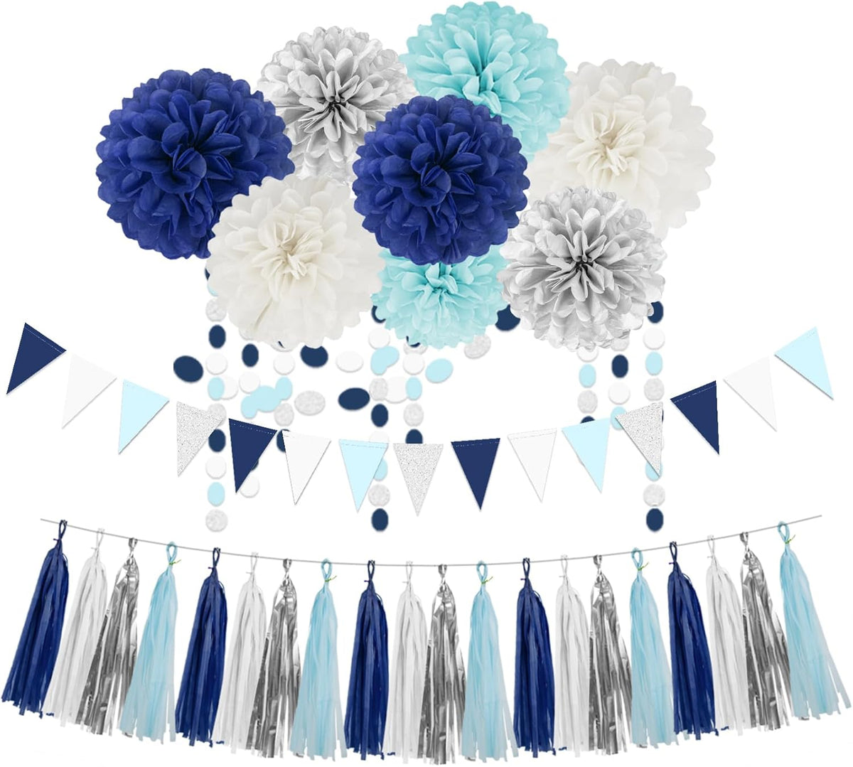 Teal Silver White Navy-Blue Party-Decorations - 30pcs Tissue Paper Flowers Pom Poms Tassel Garland