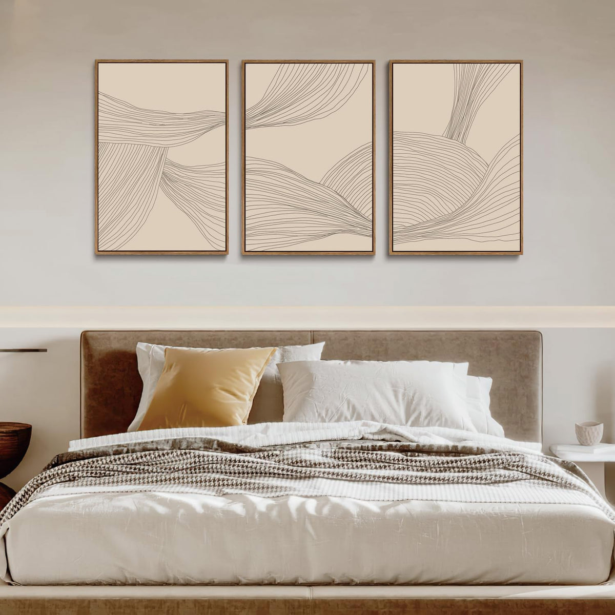 myusuar 3 Piece Large Modern Abstract Canvas Framed Wall Art For Living Room, Beige Minimalist Wall