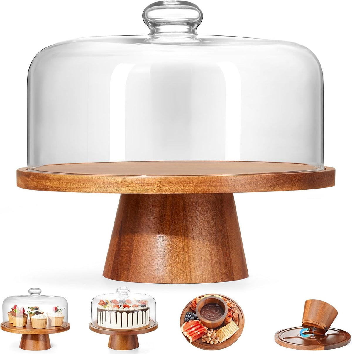 Wooden Cake Stand with Lid, Acacia Cake Stand with Glass Dome, 11-Inch Versatile Dessert Stand with
