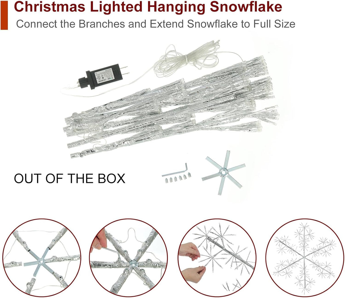 30’’ Christmas Snowflake Lights Outdoor, Pre-lit 240Pcs Cool White LEDs Hanging Silver Snowflake