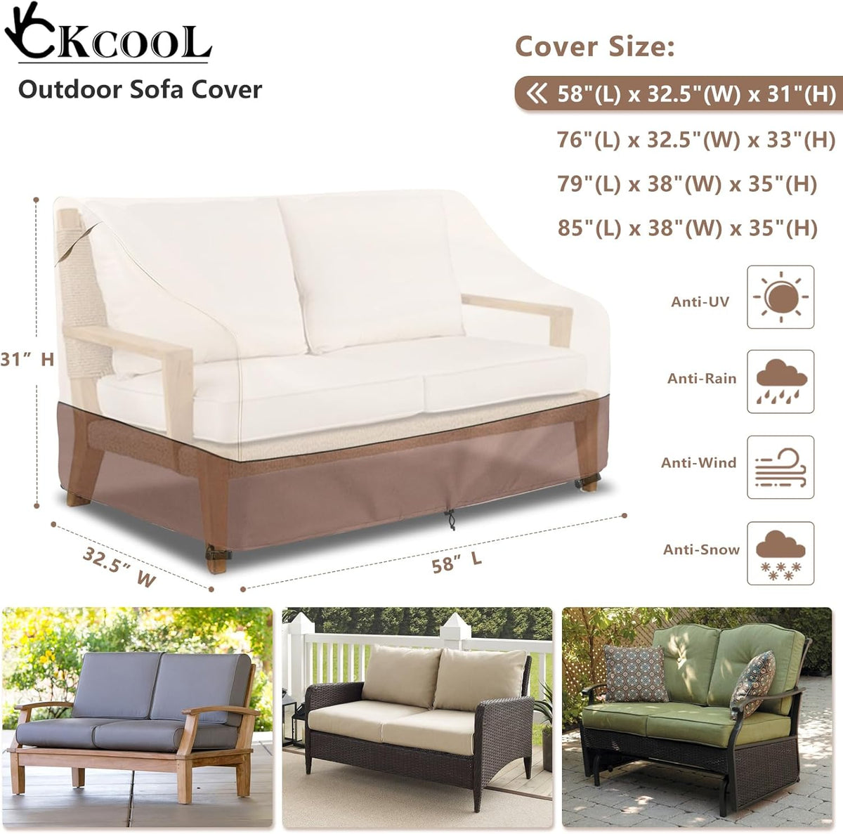 Okcool Heavy Duty Patio Sofa Cover, 100% Waterproof 2-Seater Outdoor Sofa Cover Fits up to 58W x
